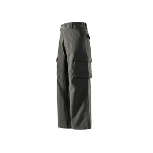 Dark grey men's loose Japanese street style straight cargo pants with multi-pockets