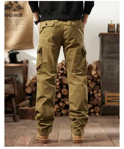 Back view of men's vintage khaki cargo pants with multiple pockets for outdoor use
