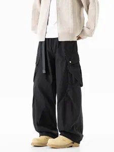Men's minimalist black straight-leg cargo pants with multiple pockets and a long belt