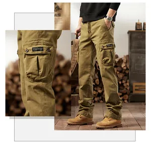 Close-up detail of men's American retro khaki cargo pants with functional pockets
