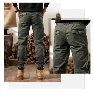 Back view and detail of men's vintage army green cargo joggers with multiple pockets
