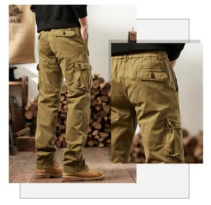 Detailed back view of men's retro khaki cargo pants with multiple functional pockets.