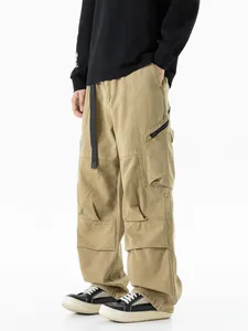 Stylish men's khaki multi-pocket functional cargo pants in a loose straight fit