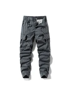 Dark grey Japanese style retro cargo pants with elastic waist and jogger cuffs