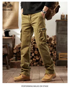 Men's American vintage cargo pants with multi-pockets in outdoor mountain style.