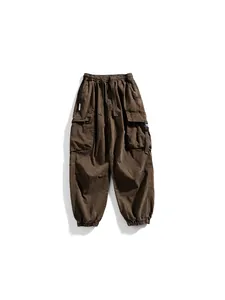 Men's functional brown cargo pants with multiple pockets and drawstring elastic waist