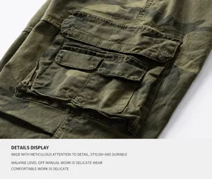 Detailed close-up of the cargo pocket on men's vintage camouflage outdoor trousers.