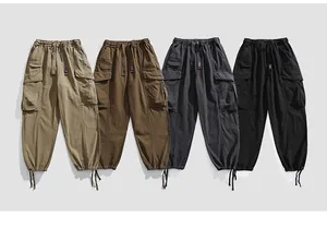 Selection of men's straight-leg multi-pocket cargo pants in khaki, brown, grey, and black