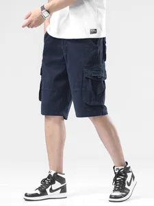 Men's navy blue loose cargo shorts with multi-pocket design for summer casual wear