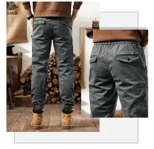 Detailed back view of men's American retro dark gray cargo pants with elastic cuffs.