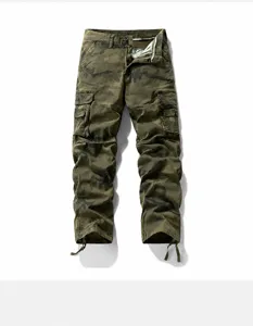 Full view of men's Japanese retro cargo camouflage pants in an army green finish
