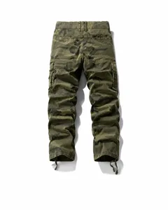 Back view of men's army green camouflage cargo pants with relaxed fit design