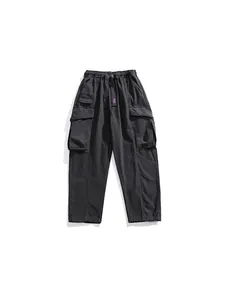 Men's Fashion Straight Leg Multi-Pocket Cargo Pants 100% Cotton Casual Solid Color Drawstring Waist Urban Style Work Trousers