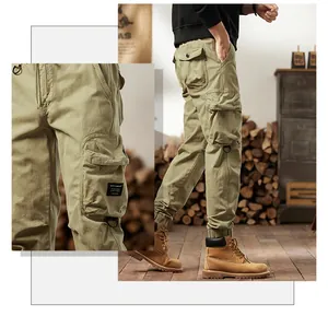 Detailed view of men's retro cargo pants showing multi-pocket design and rugged fabric.
