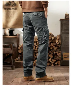 Rear view of vintage grey multi-pocket cargo pants for outdoor workwear style