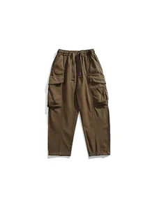 Classic men's straight-leg brown multi-pocket cargo pants with elastic drawstring waist