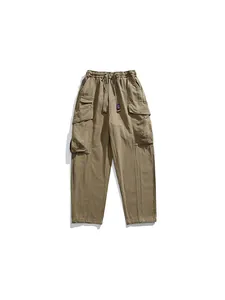 Men's khaki multi-pocket cargo pants with straight leg and drawstring waist design