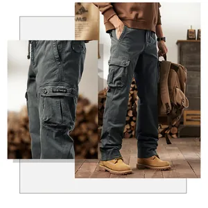 Close-up of the multi-pocket detail on Men's vintage American charcoal grey cargo pants.