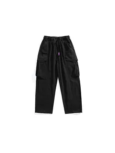 Men's stylish minimalist black straight-leg cargo pants featuring multiple utility pockets