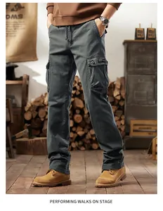 Detailed look of men's American retro multi-pocket cargo pants in charcoal gray finish
