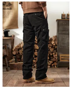 Rear view of men's American retro black cargo pants featuring functional multi-pockets