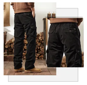 Rear view and pocket detail of black multi-pocket vintage cargo pants for men