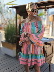 Detailed view of a vibrant off-the-shoulder bell sleeve dress with geometric ethnic patterns