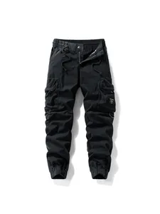 Men's black American retro cargo pants with multiple pockets and elastic cuffs