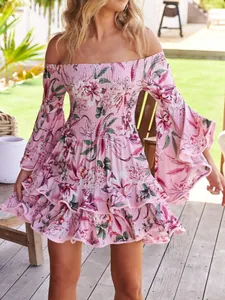Women Viscose Floral Print Off-Shoulder Mini Dress With Flared Long Sleeves And Ruffles Smocked Waist Casual Beach Dress