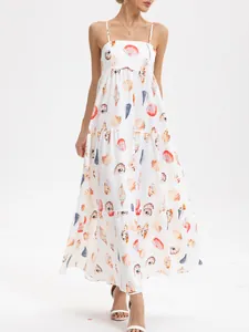 Women Spaghetti Strap Maxi Dress Polyester Seashell Conch Print Tiered Swing Dress With Pockets Summer Vacation Boho Long Dress