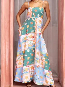 Women's Tropical Print Bohemian Maxi Dress Spaghetti Strap Beach Vacation Viscose Long Dress With Pockets Large Hem