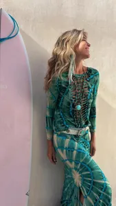 Bohemian green tie-dye long sleeve top and side slit maxi skirt set