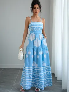 Women's Bohemian Ethnic Print Cami Maxi Dress Summer Casual Vacation Beach Sleeveless Tiered Square Neck Polyester Long Dress