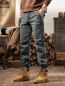 Men's American retro cargo pants with multi-pockets and jogger cuffs in slate grey finish