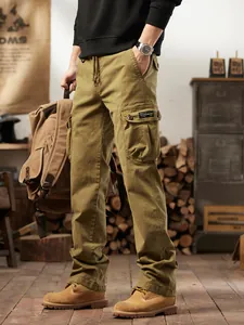 Men's American Vintage Cargo Pants Multi-Pocket Loose Straight Leg Outdoor Work Trousers Cotton Blend Casual Streetwear Bottom