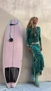 Bohemian style green tie-dye print maxi skirt with high side slit for beach vacations