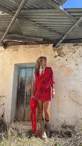 Stylish bohemian red tie-dye off-shoulder batwing sleeve mini dress for women outdoors