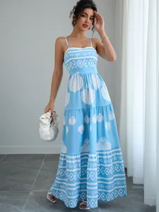 Bohemian light blue and white shell print tiered maxi sundress for summer vacations