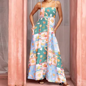Bohemian tropical print maxi dress with pockets and spaghetti straps for summer vacations