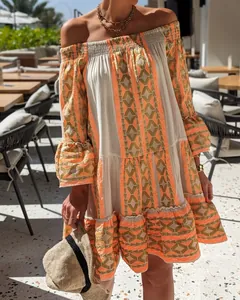 Bohemian off-the-shoulder mini dress with orange geometric embroidery and bell sleeves