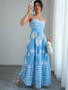 Detailed view of light blue ethnic print camisole dress with shell patterns