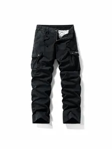 Classic men's retro black fleece-lined cargo pants with functional multi-pockets