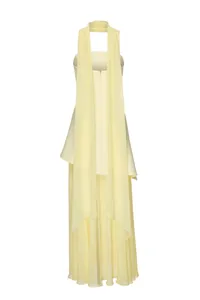 Detailed back view of an elegant light yellow asymmetrical strapless dress with scarf