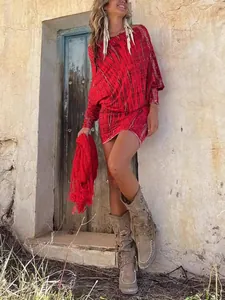 Boho red tie-dye off-the-shoulder batwing sleeve mini dress for women's street style.