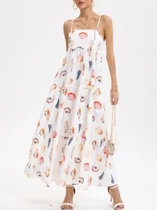 Tiered white maxi dress with colorful seashell and conch print for summer vacations