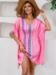 Stylish bohemian pink printed V-neck kaftan cover-up dress for beach vacations