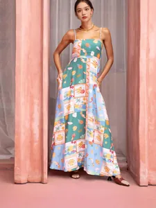 Elegant tropical print Bohemian maxi dress with pockets for summer beach vacation