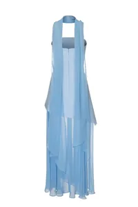 Back view of elegant light blue asymmetrical strapless dress with flowing chiffon layers