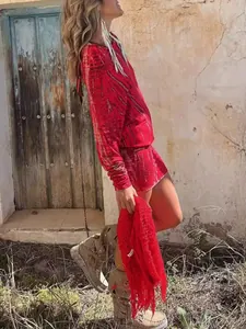 Off-shoulder red tie-dye mini dress with long sleeves and bodycon fit for a boho look