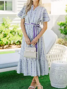 Bohemian Floral V-Neck Maxi Dress For Women Ruffle Short Sleeve Viscose Printed Resort Dress With Purple Belt Elegant Wear